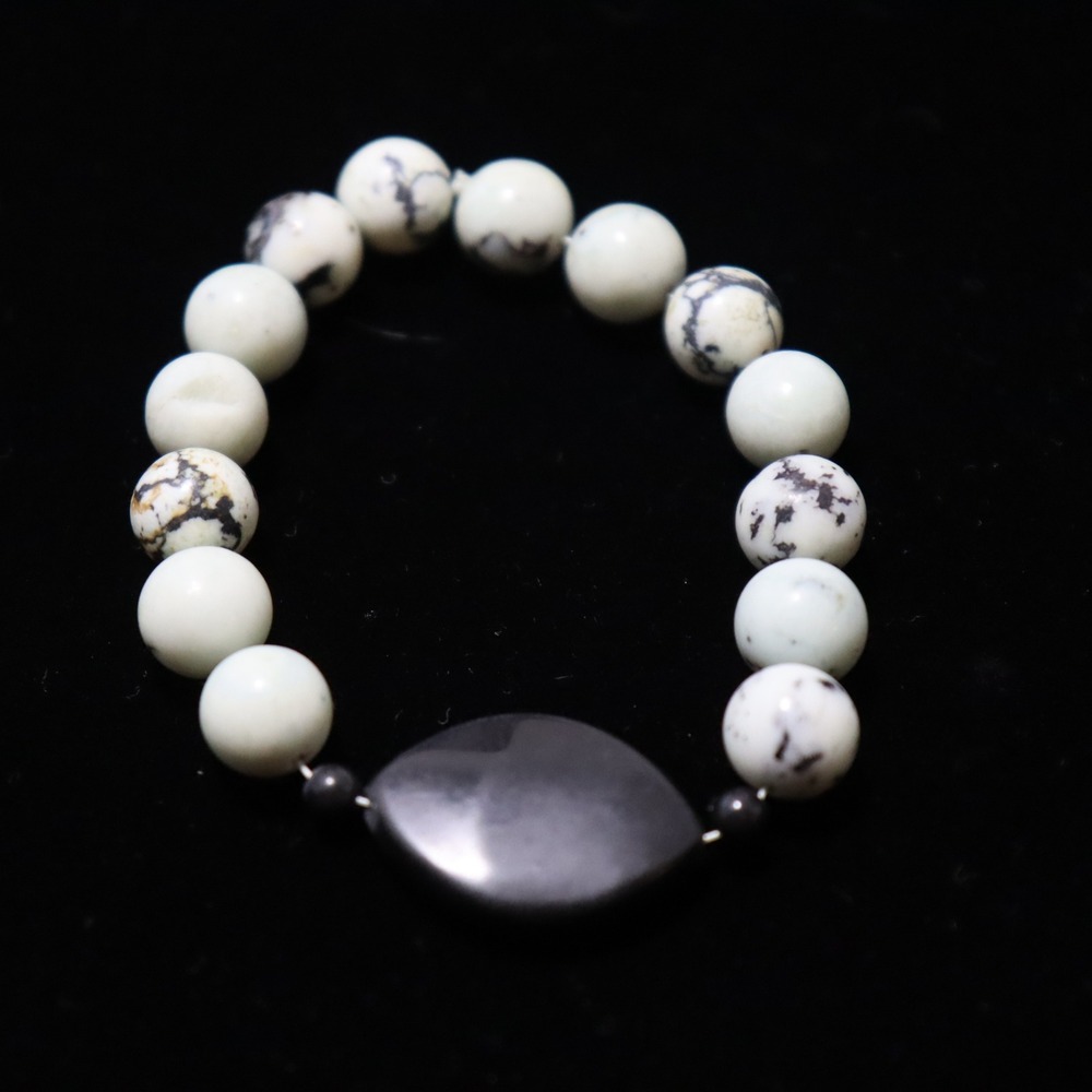 Dendritic Jasper Bracelet Unisex OS‎ White Black Marble Natural Stone Stretch